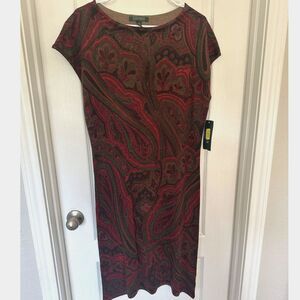 NWT Lauren Ralph Lauren Silk Cashmere Paisley Cap Sleeve Dress Red Burgundy L